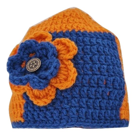 Flower Power Hats Accessories - Women’s Homemade Hand Crocheted Orange and Blue Flower Beanie Winter Hat